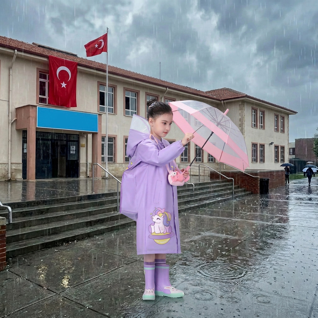 Sevimli Su Geçirmez Çocuk Yağmurluğu ( Sırt Çantası Bölmeli )
