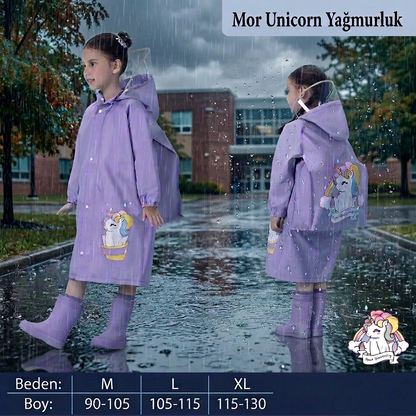 Sevimli Su Geçirmez Çocuk Yağmurluğu ( Sırt Çantası Bölmeli )