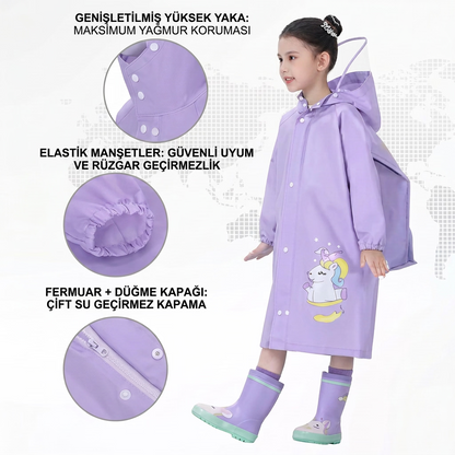 Sevimli Su Geçirmez Çocuk Yağmurluğu ( Sırt Çantası Bölmeli )