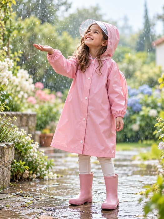 Pembe yağmurluklu kız yağmur damlalarını yakalıyor