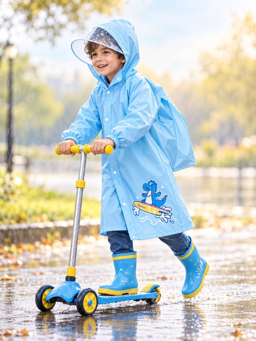 Dinozor desenli mavi yağmurlukla scooter keyfi